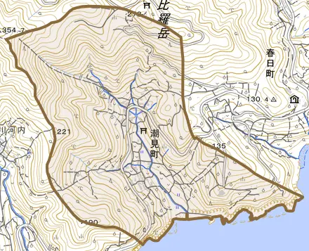 潮見町とその周辺の地図。町の範囲を重ねている