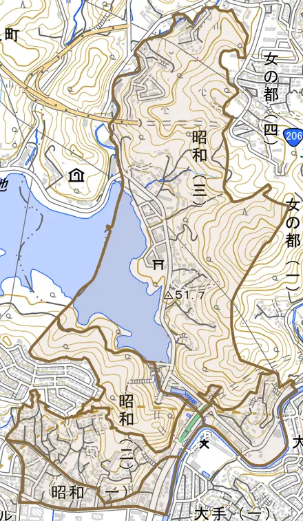 昭和とその周辺の地図。町の範囲を重ねている