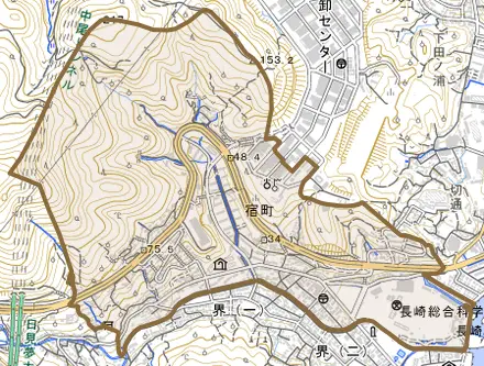 宿町とその周辺の地図。町の範囲を重ねている