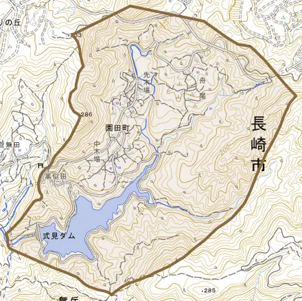 園田町とその周辺の地図。町の範囲を重ねている