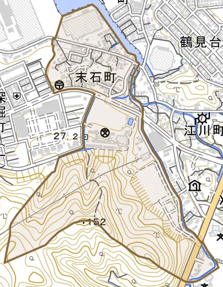 末石町とその周辺の地図。町の範囲を重ねている