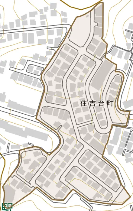 住吉台町とその周辺の地図。町の範囲を重ねている
