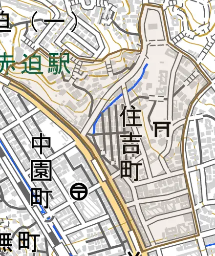 住吉町とその周辺の地図。町の範囲を重ねている