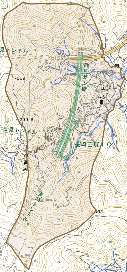 芒塚町とその周辺の地図。町の範囲を重ねている