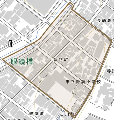 諏訪町とその周辺の地図。町の範囲を重ねている