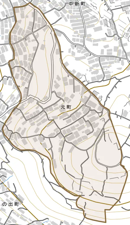元町とその周辺の地図。町の範囲を重ねている