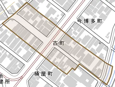 古町とその周辺の地図。町の範囲を重ねている