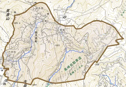 田手原町とその周辺の地図。町の範囲を重ねている