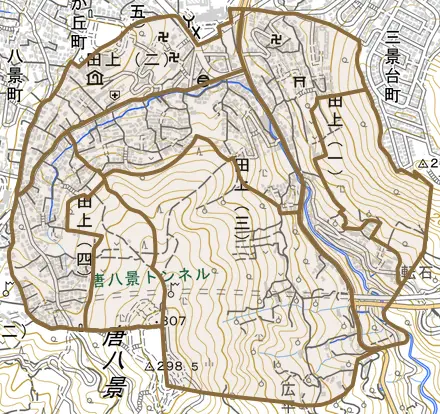 田上とその周辺の地図。町の範囲を重ねている