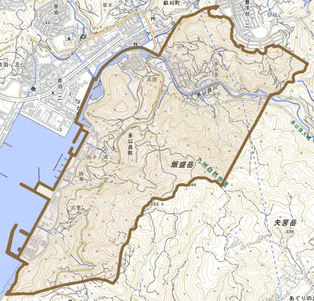 多以良町とその周辺の地図。町の範囲を重ねている