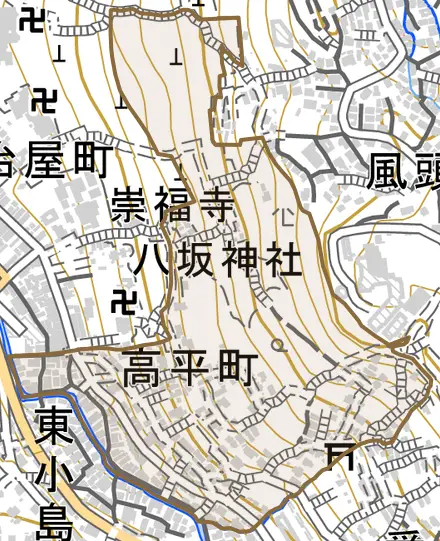 高平町とその周辺の地図。町の範囲を重ねている