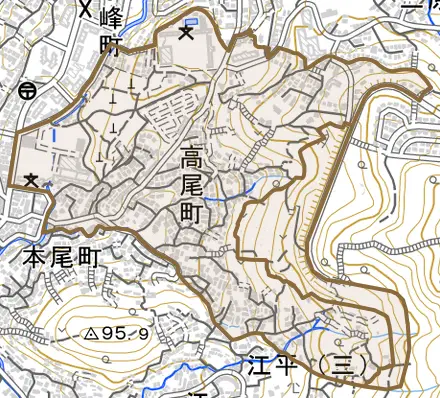 高尾町とその周辺の地図。町の範囲を重ねている