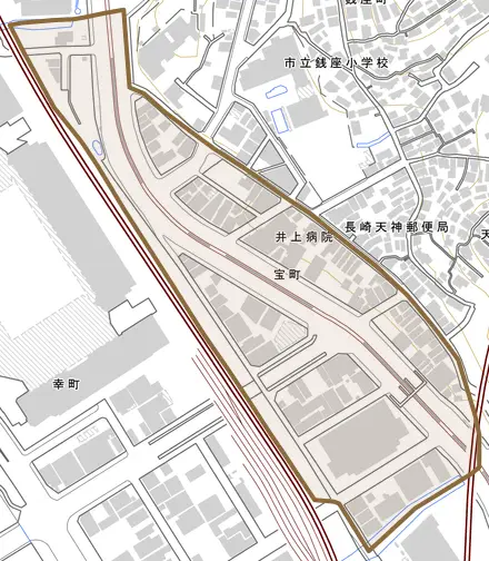 宝町とその周辺の地図。町の範囲を重ねている