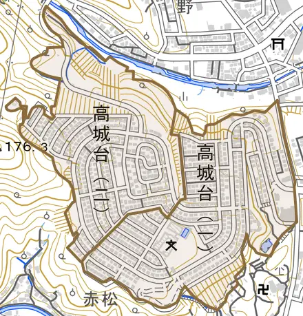 高城台とその周辺の地図。町の範囲を重ねている