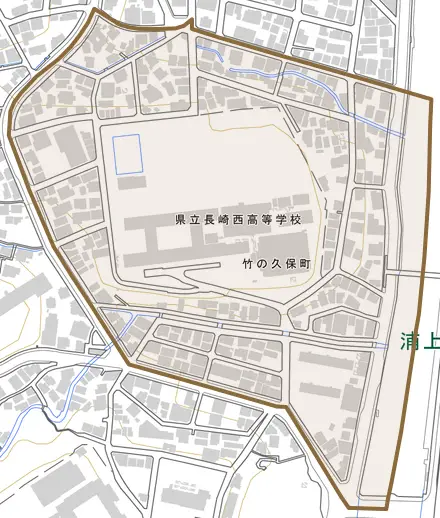 竹の久保町とその周辺の地図。町の範囲を重ねている