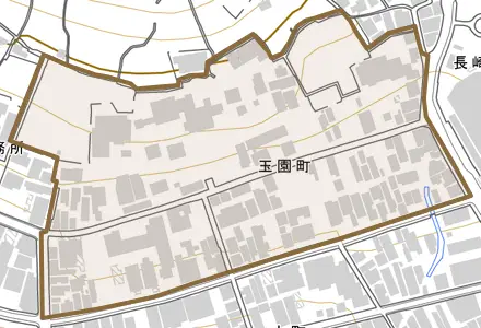 玉園町とその周辺の地図。町の範囲を重ねている