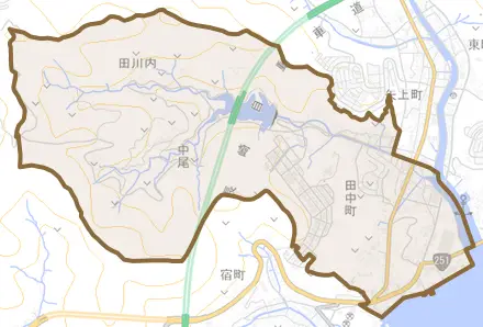 田中町とその周辺の地図。町の範囲を重ねている