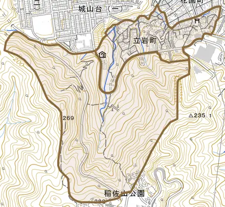 立岩町とその周辺の地図。町の範囲を重ねている