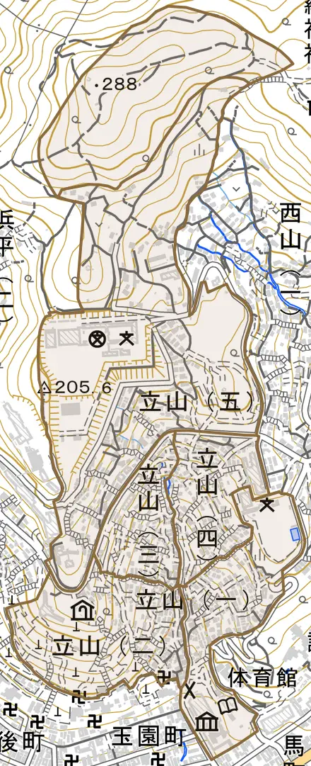 立山とその周辺の地図。町の範囲を重ねている