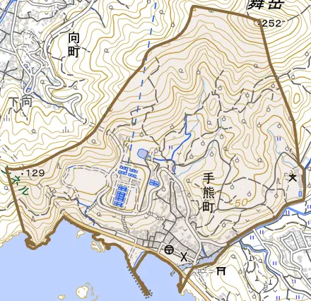 手熊町とその周辺の地図。町の範囲を重ねている