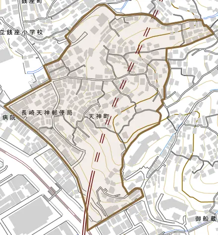 天神町とその周辺の地図。町の範囲を重ねている