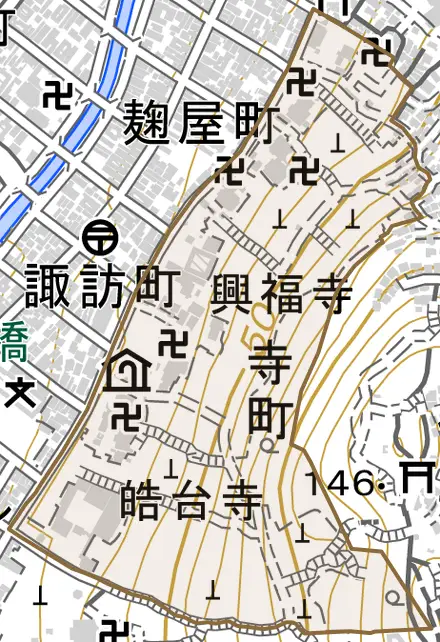 寺町とその周辺の地図。町の範囲を重ねている
