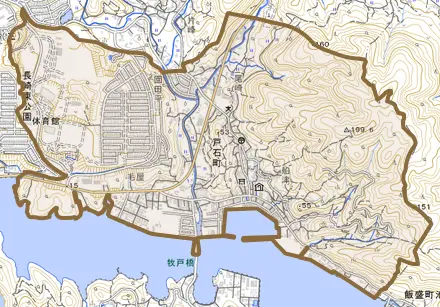 戸石町とその周辺の地図。町の範囲を重ねている