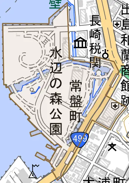 常盤町とその周辺の地図。町の範囲を重ねている