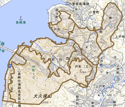 戸町とその周辺の地図。町の範囲を重ねている