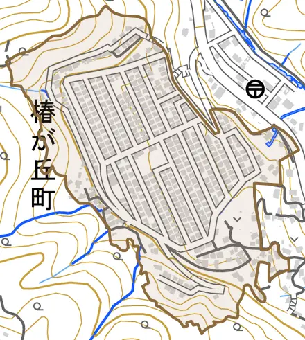 椿が丘町とその周辺の地図。町の範囲を重ねている