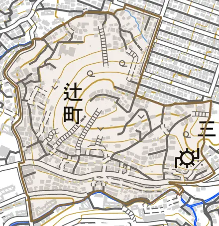 辻町とその周辺の地図。町の範囲を重ねている