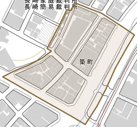 築町とその周辺の地図。町の範囲を重ねている