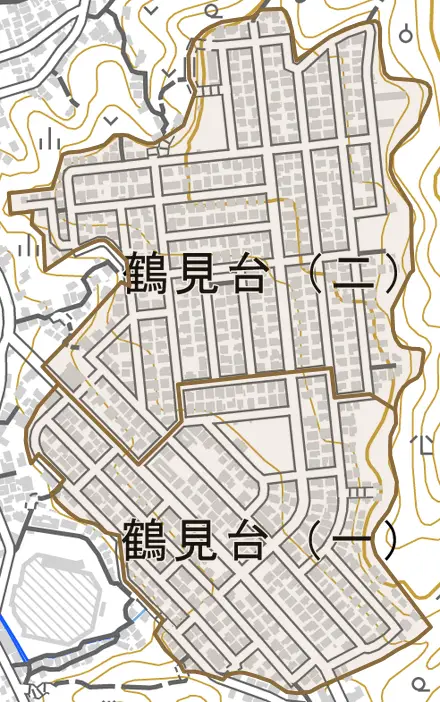 鶴見台とその周辺の地図。町の範囲を重ねている