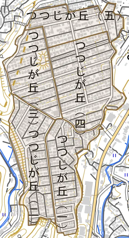 つつじが丘とその周辺の地図。町の範囲を重ねている
