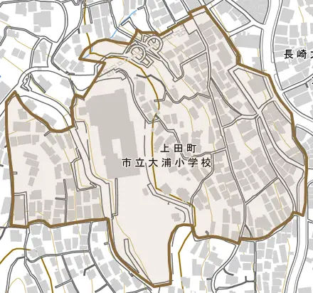 上田町とその周辺の地図。町の範囲を重ねている