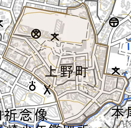 上野町とその周辺の地図。町の範囲を重ねている