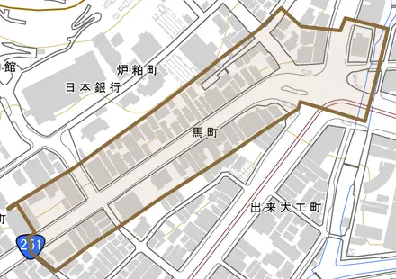 馬町とその周辺の地図。町の範囲を重ねている