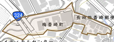 梅香崎町とその周辺の地図。町の範囲を重ねている