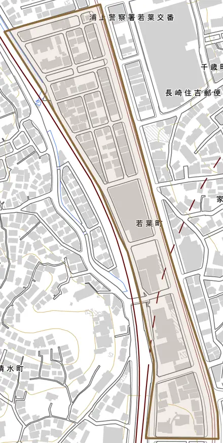 若葉町とその周辺の地図。町の範囲を重ねている