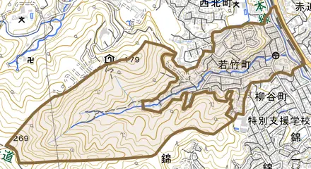 若竹町とその周辺の地図。町の範囲を重ねている