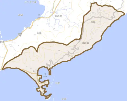 脇岬町とその周辺の地図。町の範囲を重ねている