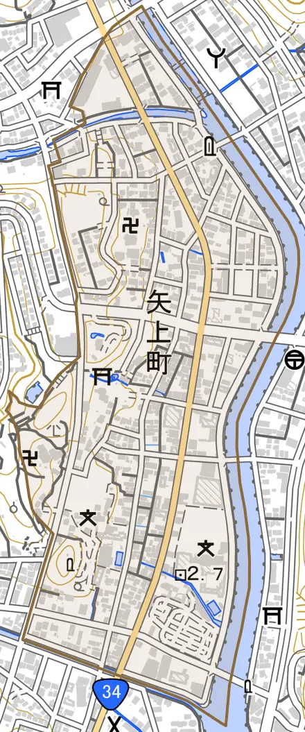 矢上町とその周辺の地図。町の範囲を重ねている