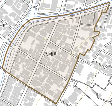 八幡町とその周辺の地図。町の範囲を重ねている