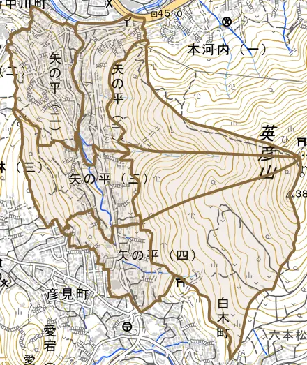 矢の平とその周辺の地図。町の範囲を重ねている