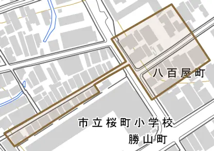 八百屋町とその周辺の地図。町の範囲を重ねている