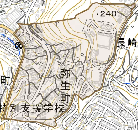 弥生町とその周辺の地図。町の範囲を重ねている