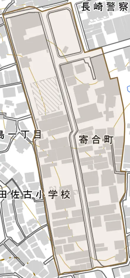 寄合町とその周辺の地図。町の範囲を重ねている