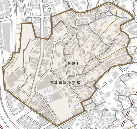 銭座町とその周辺の地図。町の範囲を重ねている