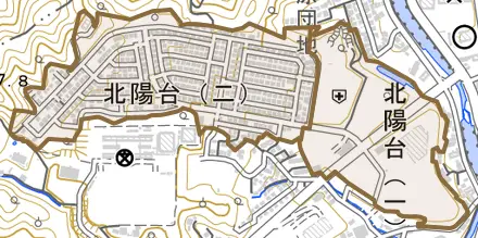 北陽台とその周辺の地図。町の範囲を重ねている
