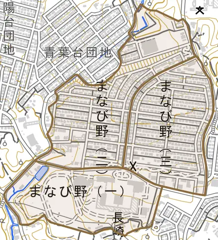 まなび野とその周辺の地図。町の範囲を重ねている